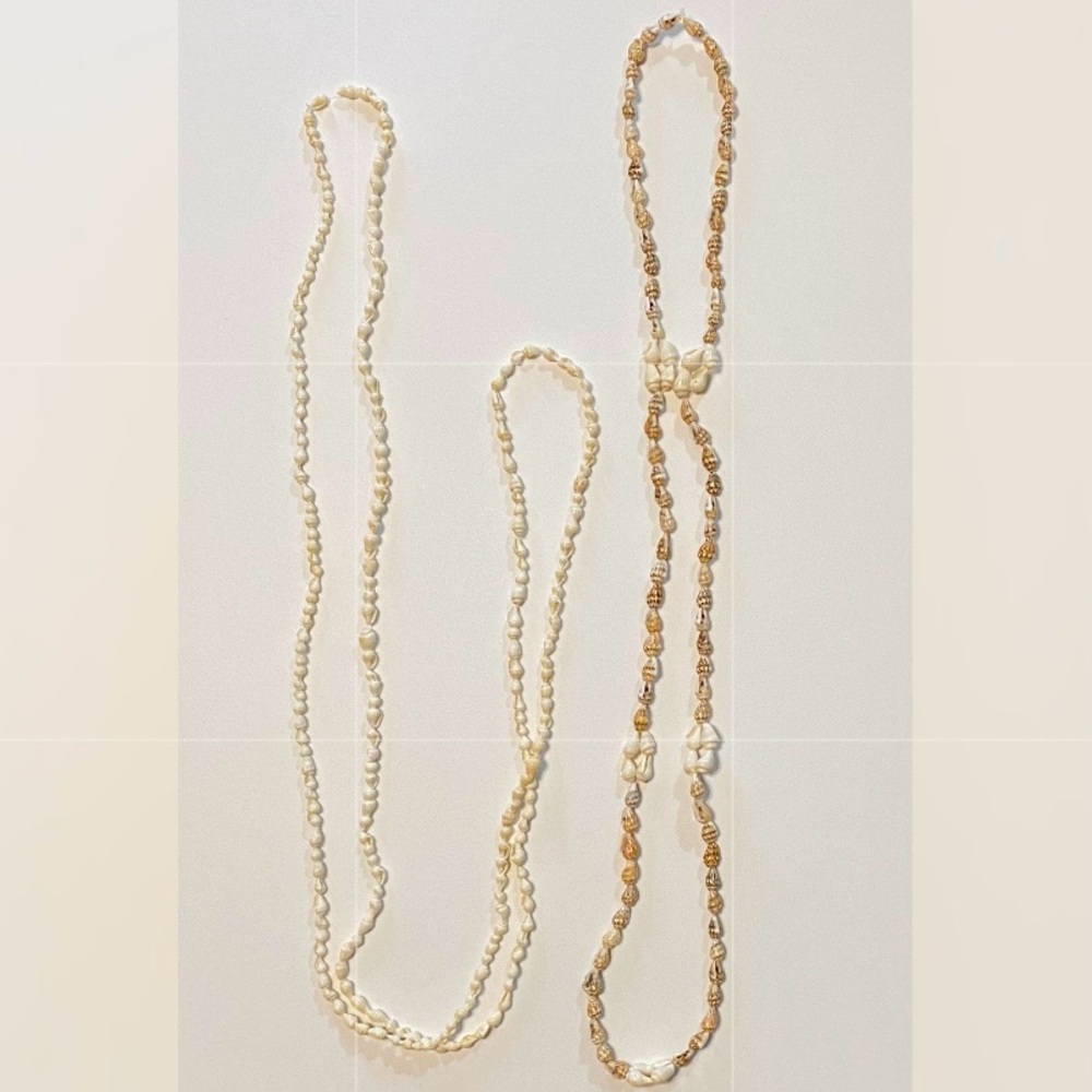 Vintage shell necklaces, Hawaiian leis, lot of 2, white and tan.